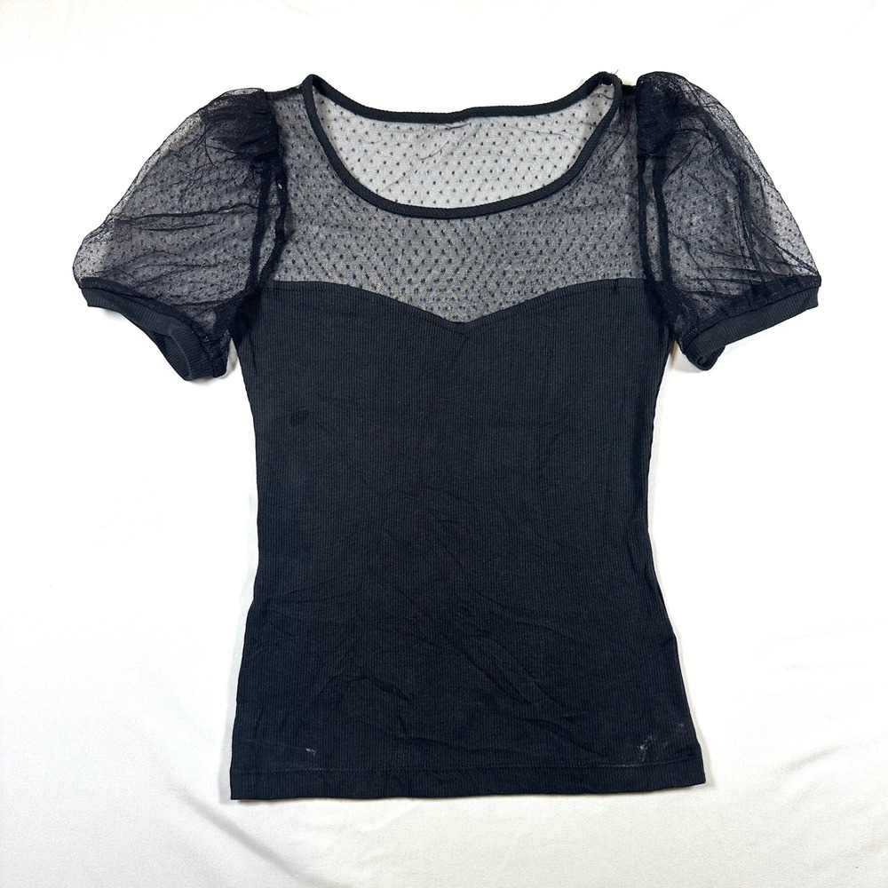 Maeve Anthropologie Black Mesh Polka Dot Puff Sleeve Ribbed Top XXS OB2259386